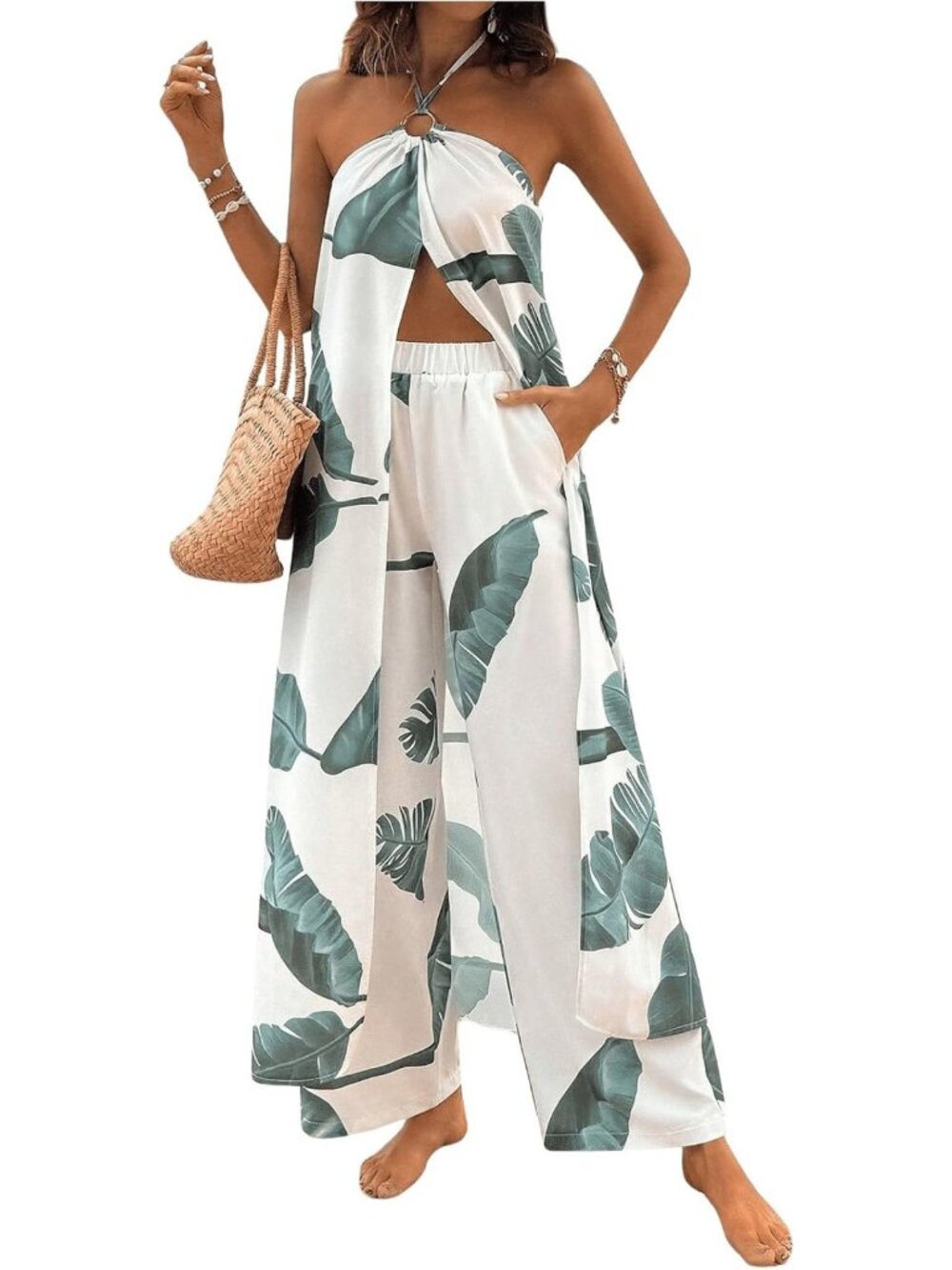 Tropical 2-Piece Women's Outfit | Long Halter Top & Wide Leg Pants Set